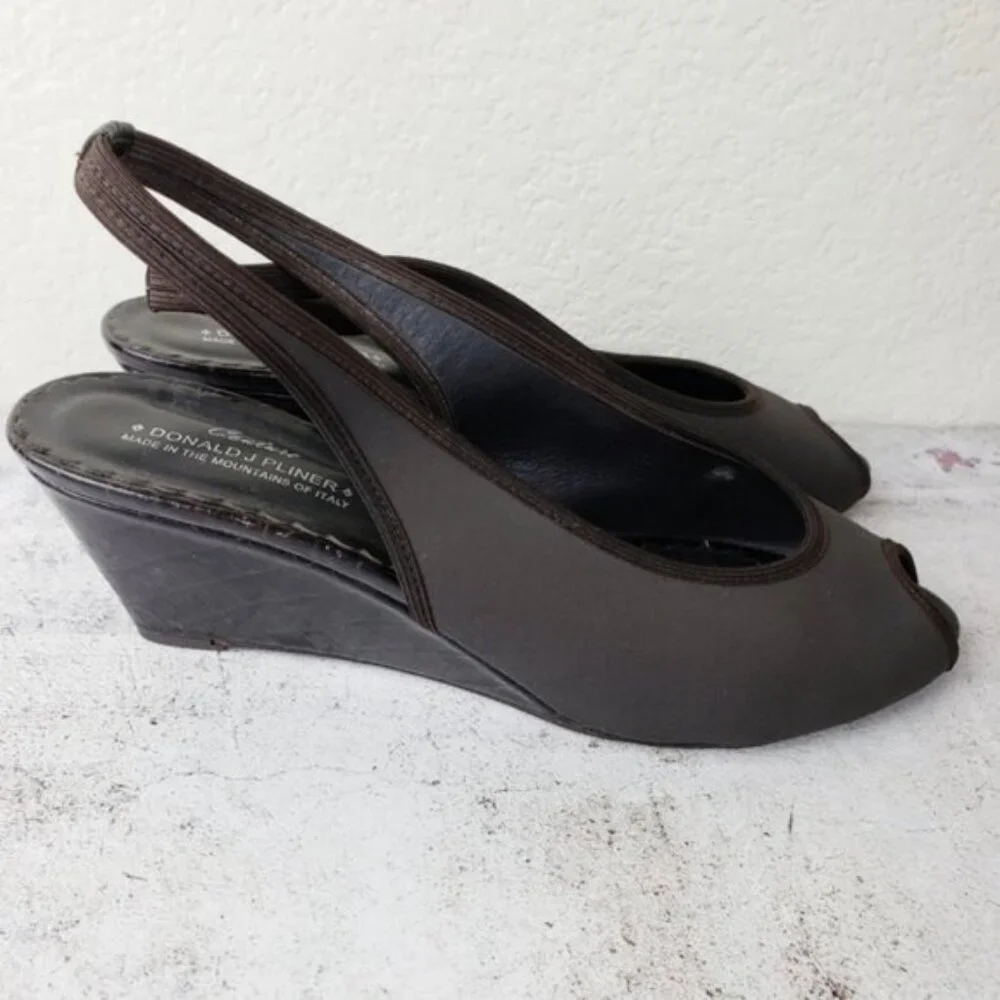 Donald J Pliner Couture Rasy Peep Toe Slingback Canvas Tortoise Wedge Sandal 10M